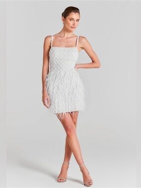 NADINE MERABI White Feather & Bead Mini Dress